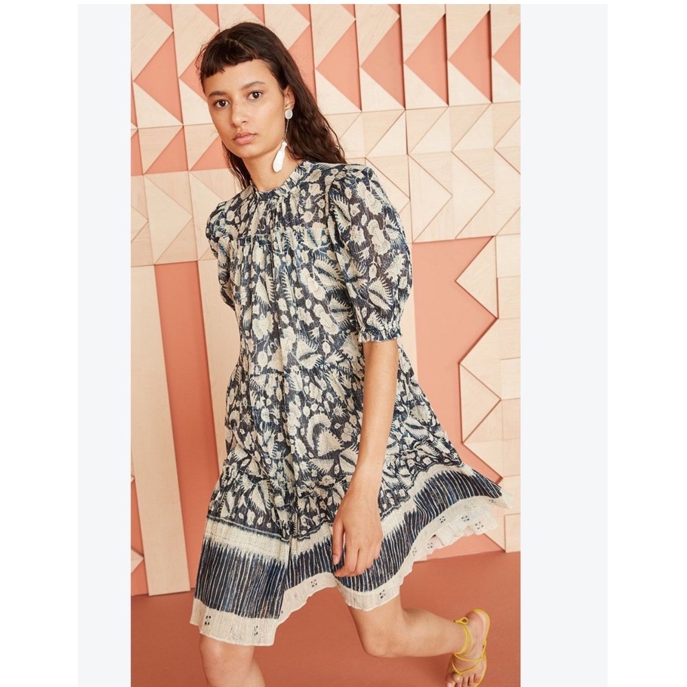 Ulla Johnson Dhalia Dress Indigo Silk Cotton Lurex Floral Tiered Mini Dress 2